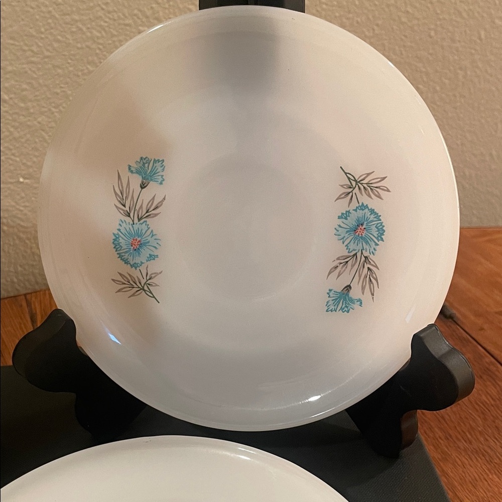 5 Vintage Fire-King Bonnie Blue Flower Milk Glass Plates –6" –Mid-Century Floral - Picture 2 of 5